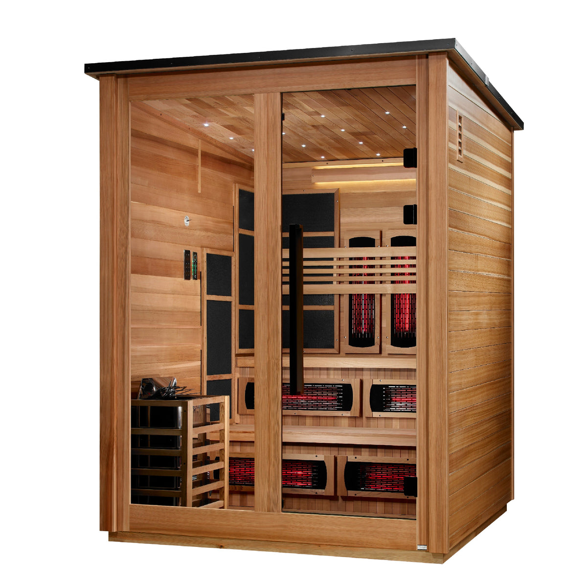 ***New 2026 Model*** Golden Designs "Kaskinen" 6 Person, Pacific Cedar Barn Hybrid (PureTech™ Full Spectrum IR or Traditional Stove) Outdoor