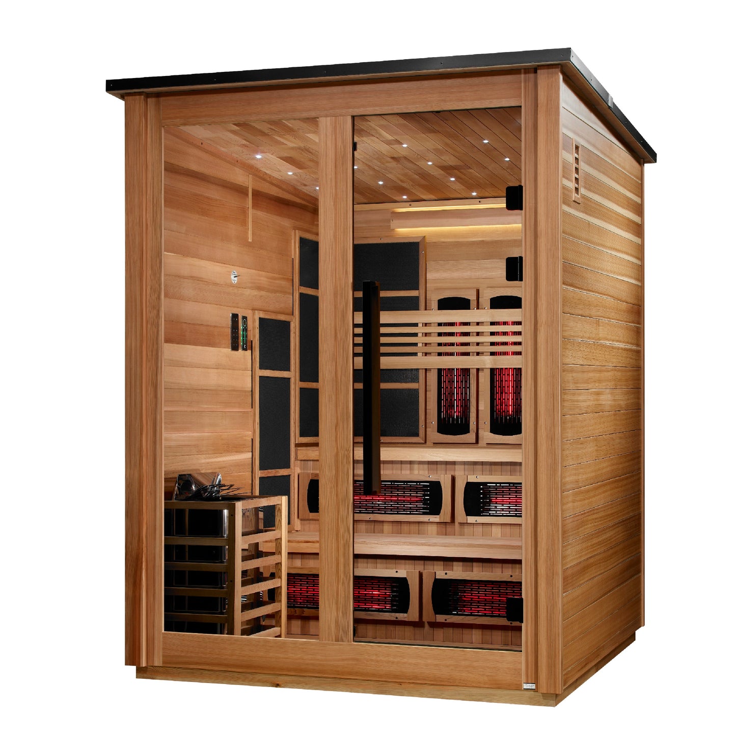 ***New 2026 Model*** Golden Designs "Kaskinen" 6 Person, Pacific Cedar Barn Hybrid (PureTech™ Full Spectrum IR or Traditional Stove) Outdoor