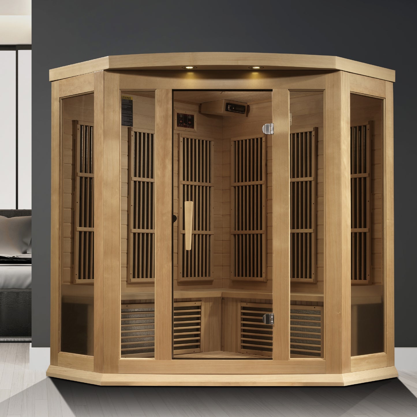 Maxxus 3 Person Corner Near Zero EMF FAR Infrared Sauna - Canadian Hemlock